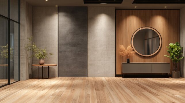 3D rendering of a grey entrance hallway room , wooden floor and a large  mirror and a console table. Layout for the presentation of furniture. 