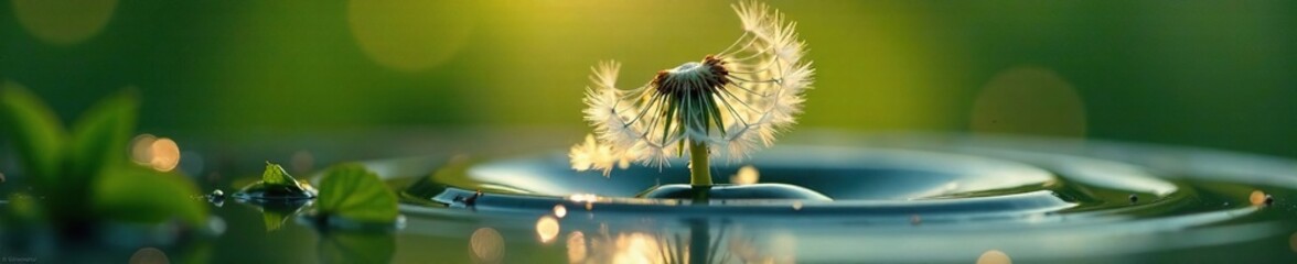 Obraz premium Single water droplet containing a single dandelion seed, vacant, radiance, single