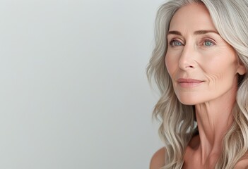 Naklejka premium Closeup portrait of a beautiful mature woman with long, wavy silver hair. She has a serene expression and flawless skin, showcasing natural beauty and aging gracefully.