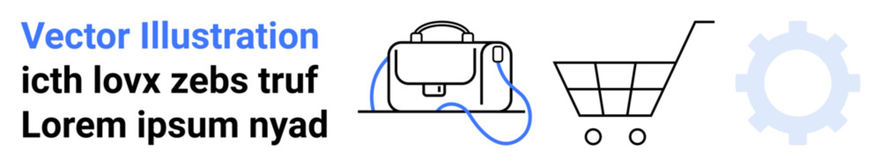 Black shopping cart and bag with a handle, blue wire, and gear icon. lorem ipsum text. Ideal for e-commerce, shopping, technology solutions, business services, web design, marketing, app development