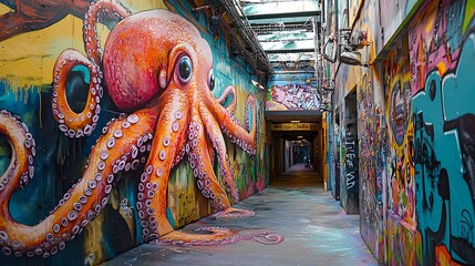 Obraz premium Gigantic Octopus Mural in Vibrant Graffiti Alley
