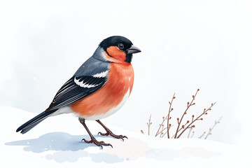 beautiful watercolor bullfinch winter scene features solitary bird snowy white backdrop perfect wrapping home decor