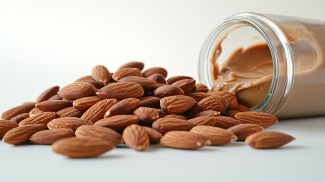 Scattered almonds and fresh jar of peanut butter.