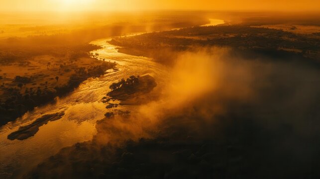 majestic aerial view of victoria falls natural wonder with rainbow mist and dramatic zambezi river landscape in golden light