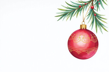 beautiful watercolor image christmas card featuring hanging bauble white