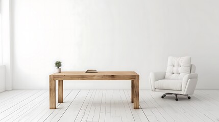 Wooden table, fabric sofa, and ergonomic chair in a minimalist white room