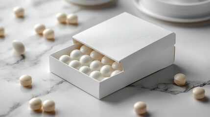White box of round candies on marble.