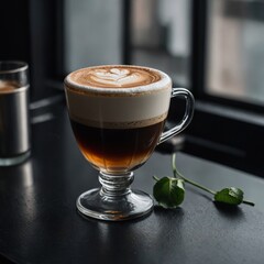 A minimalist aesthetic featuring Irish coffee on a sleek black table with soft natural lighting.