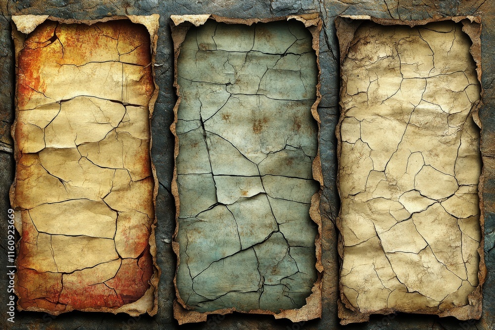 Poster textured surfaces of old parchment with varying colors and cracks on a weathered background