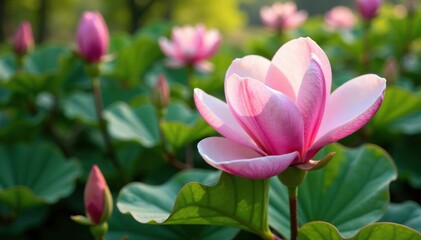 delicate petals unfurl from magnolia blossoms, garden, foliage, peaceful