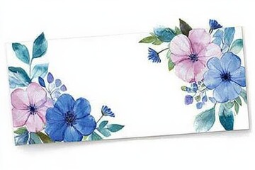 Floral watercolor design featuring pink and blue flowers with green leaves on a white background