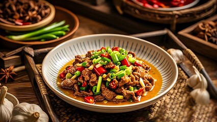Delicious spicy beef stir-fry in a rustic setting with fresh chili peppers and scallions.