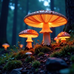 Large glowing fungal growth in the forest night, glowing fungi glow, giant mushrooms