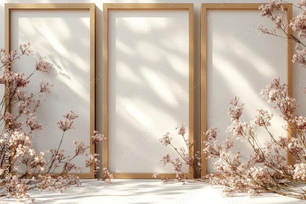 Aufkleber three empty frames surrounded by delicate pink flowers creating a serene and elegant atmosphere in s