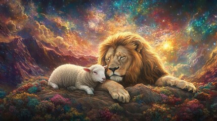 Obraz premium majestic lion lying peacefully with gentle lamb in surreal heavenly landscape, spiritual artistic interpretation of biblical prophecy