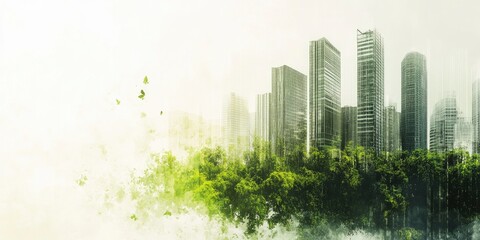 sustainable business practices in corporate architecture concept, A double exposure of a green building and cityscape, with an abstract digital background