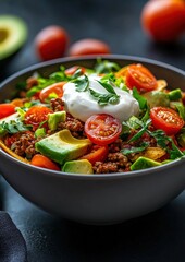A bowl of food with a white sauce and tomatoes