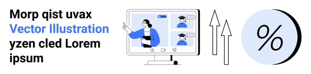 Computer screen with teacher and students in graduation caps, two upward arrows, percentage symbol. Ideal for online education, webinars, virtual classrooms, e-learning, teaching, financial growth