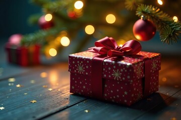 Glittering lights adorn a festively wrapped present under a Christmas tree, wrapping paper, gift box