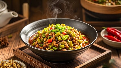 Steaming bowl of minced meat and green beans in a rich sauce, garnished with spring onions and chili peppers.