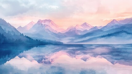 Naklejka premium majestic mountain range reflecting in crystal clear alpine lake at sunset, digital watercolor illustration with soft pastel colors and dreamy atmospheric effects