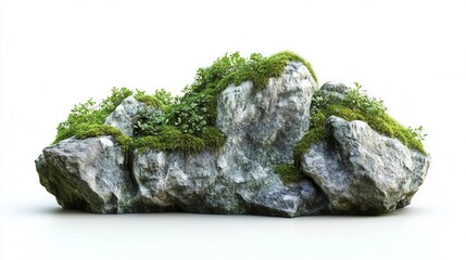 majestic natural rock formation with lush green moss coverage isolated on white background, 3d rendered for landscape design and garden decoration