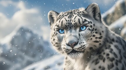 majestic snow leopard close-up portrait in natural habitat with piercing blue eyes and detailed fur texture against snowy mountain background