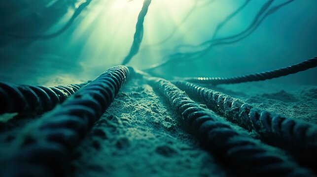 Underwater damaged cables on seabed reveal the fragility of global communication networks, emphasizing the need for resilience and maintenance in modern connectivity infrastructure.
