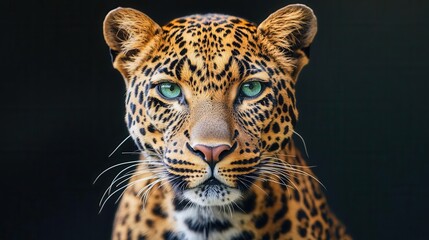 Obraz premium majestic spotted leopard portrait with intense green eyes against deep black background showcasing detailed fur texture and natural beauty