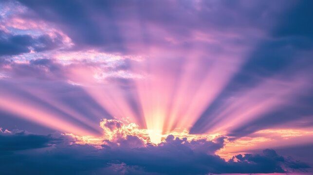 majestic storm clouds formation at sunset with dramatic light rays breaking through layered cumulus clouds in purple and orange hues