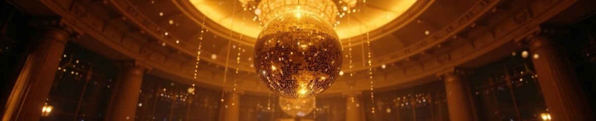Obraz premium A gold disco ball suspended from the ceiling in a grand chandelier, luxurious, refined