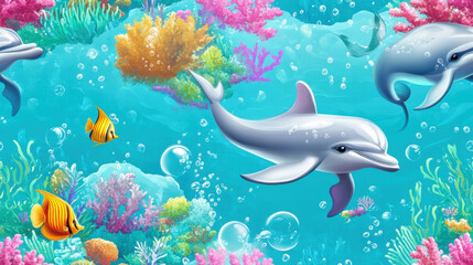 Fototapeta premium Playful dolphins swim among vibrant coral reefs and colorful fish in lively underwater scene. This cheerful ocean life pattern captures beauty of marine ecosystems