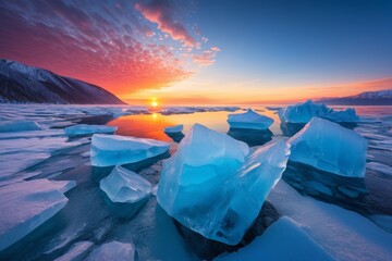 Obraz premium arafed icebergs on the shore of a lake at sunset