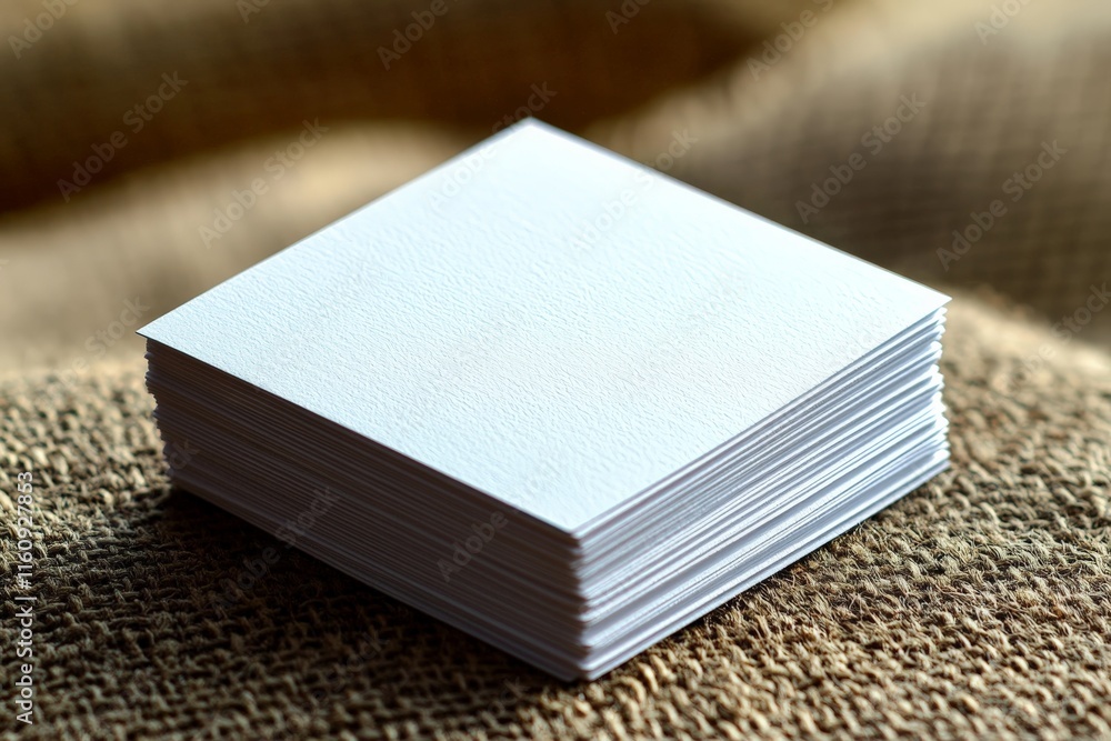 Poster stack of blank paper sheets resting on a textured fabric surface in natural light