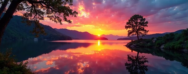 Sunset reflection on still waters behind a small gate, lakeside, reflective surfaces,