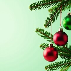 Red and green glass ornaments hang from a sturdy fir branch, glass, red, tree