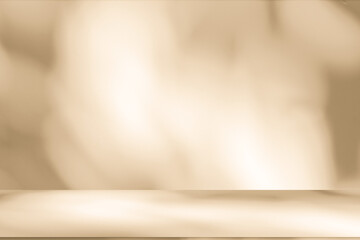 Wall interior background, studio and backdrops show products. with leaf shadow from window color beige and white. background for text insertion and presentation of product	