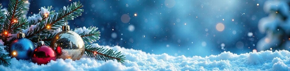 Blue and gray icy winter scene with Christmas ornaments and garland, winter, blue, gray