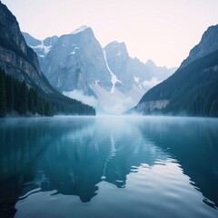 Foggy lake with towering peaks shrouded in mist, serene, water, lake