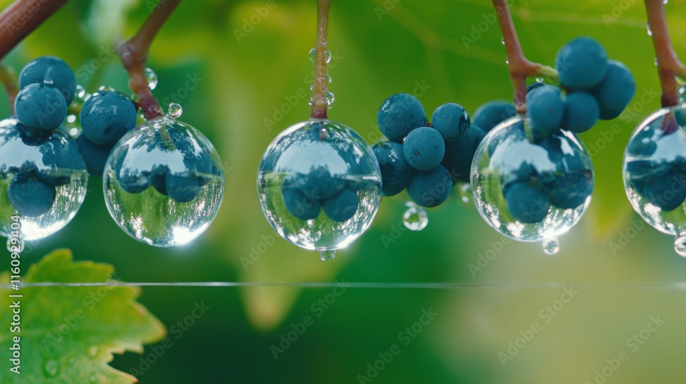 Poster grape, a close-up image of a grape cluster adorned with water droplets, highlighting the texture and