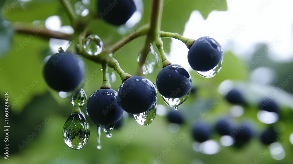 Poster grape, a detailed close-up image of a grape cluster adorned with moisture droplets, showcasing the f