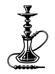Fototapeta premium Arabian hookah with pipe emblem. Traditional shisha, smoking tobacco icon symbol. Black and white vector drawing