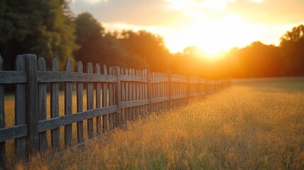 Obraz premium Golden Hour at the Fence: A Rustic Sunset Scene