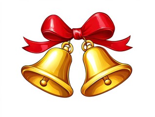 Two golden bells tied with a red ribbon.