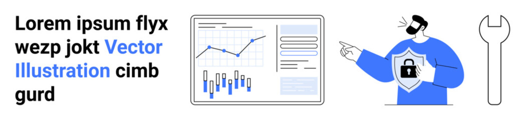 Graph with data points and statistics, person holding a shield with a lock symbol, wrench, and text with blue word. Ideal for data analysis, cybersecurity, protection, problem-solving, user text