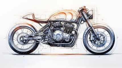 Obraz premium Vintage-style motorcycle technical blueprint with detailed engineering sketches, mechanical drawings, and exploded view diagrams illustrating parts and components.