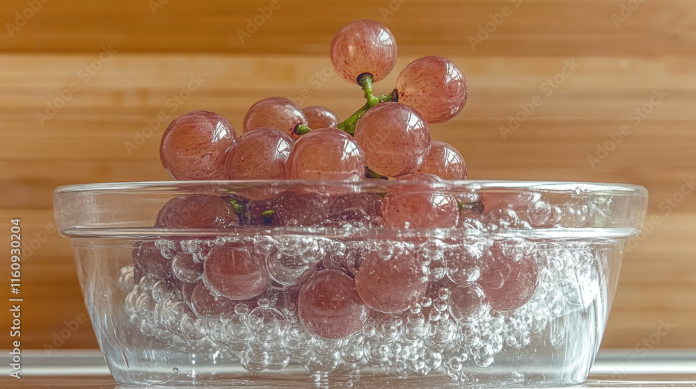 Poster grape, a cluster of grapes submerged in a clear bowl, captured in a detailed and vibrant stock image