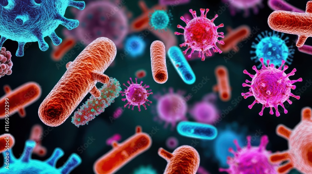 Poster colorful microscopic view of bacteria and viruses in abstract background