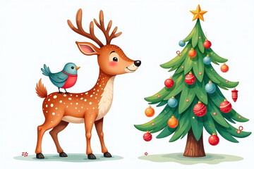 Obraz premium colorful deer enjoys christmas tree ornaments festive sock wearing happy bird watercolor artwork