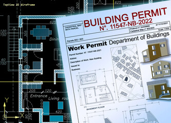 BUILDING PERMIT CONCEPT IN BUILDINGS ACTIVITY AND CONSTRUCTION IINDUSTRY with residential building project, imaginary cadastral map and General Urban Plan